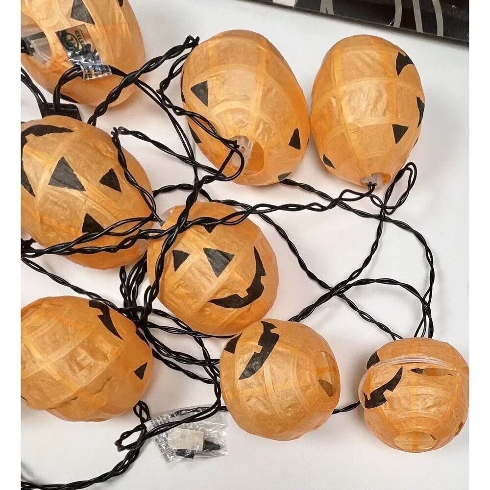 DEPARTMENT 56 String of 10 Jack O'Lantern Pumpkin Paper Globe Lights WORK *READ*